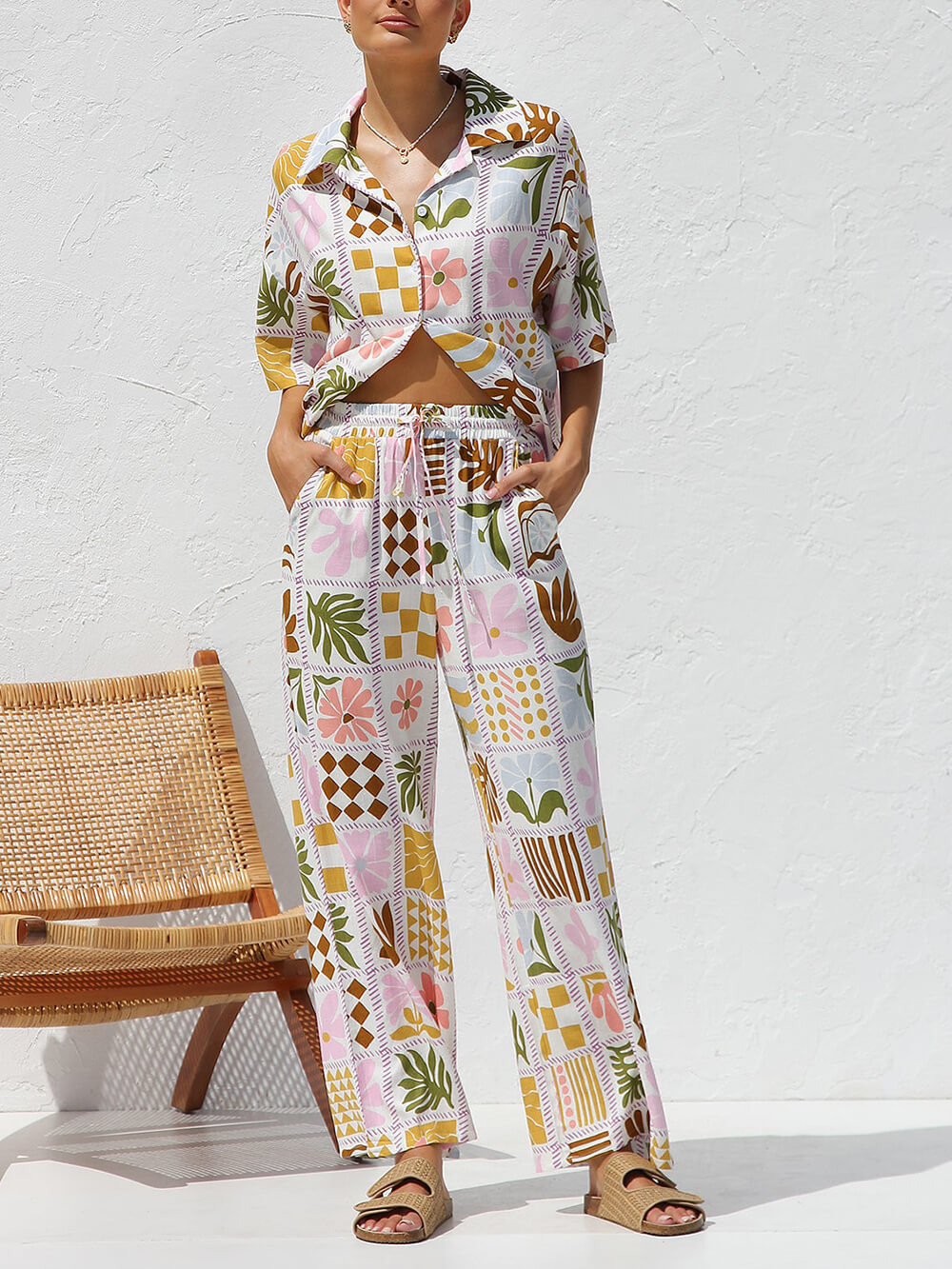 Multicolor Printed Casual Holiday Ethnic Style Top Wide Leg Pants Suit