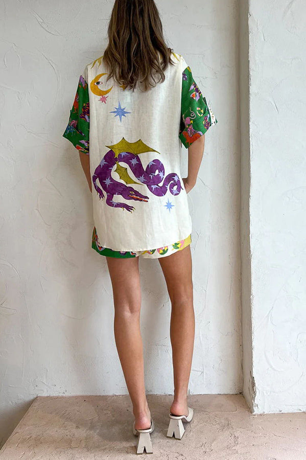 Days of Heaven Print Blouse and Elastic Waist Pocketed Shorts Set