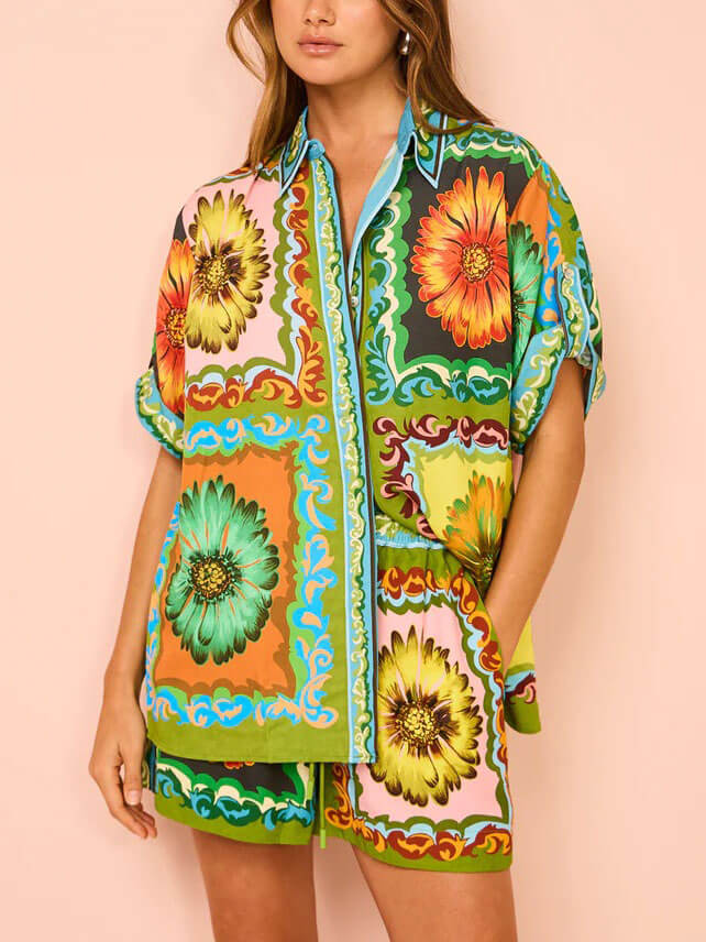 Sunflower Print Button-Down Oversized Shirt