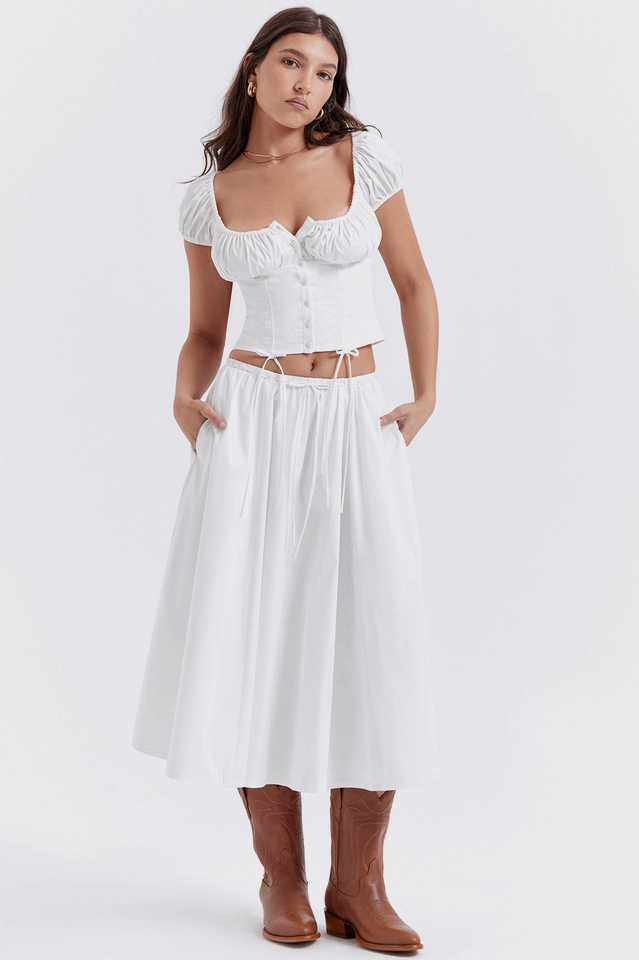 Cora White Gathered Top + Skirt Set