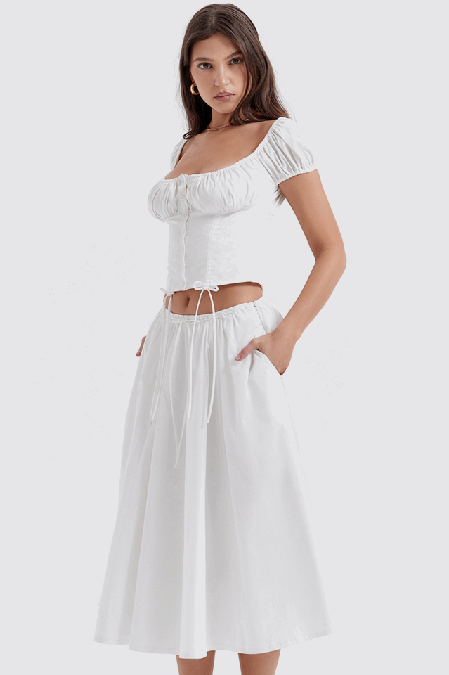 Cora White Gathered Top + Skirt Set