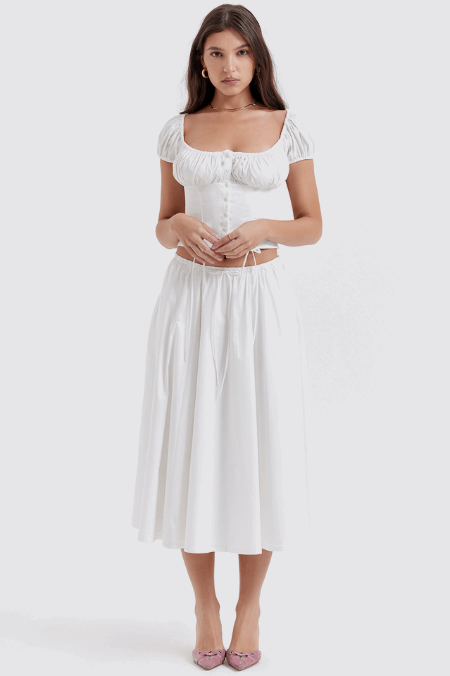 Cora White Gathered Top + Skirt Set