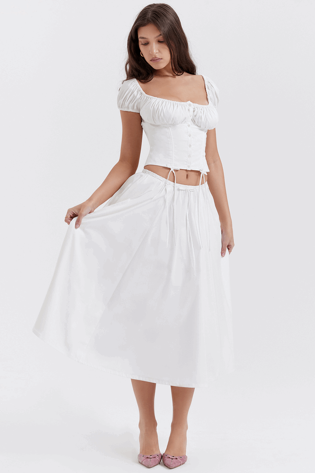 Cora White Gathered Top + Skirt Set