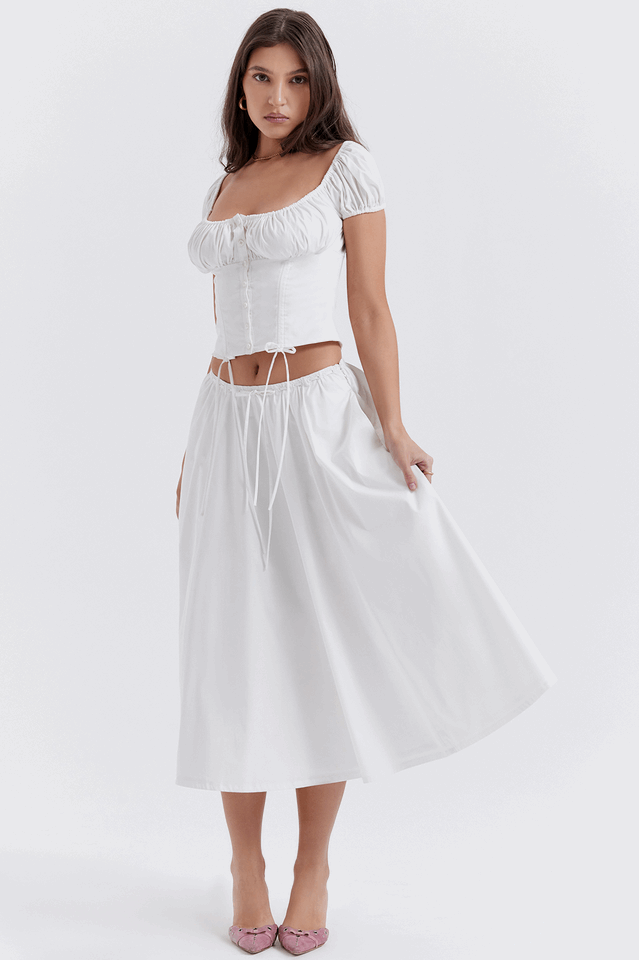 Cora White Gathered Top + Skirt Set