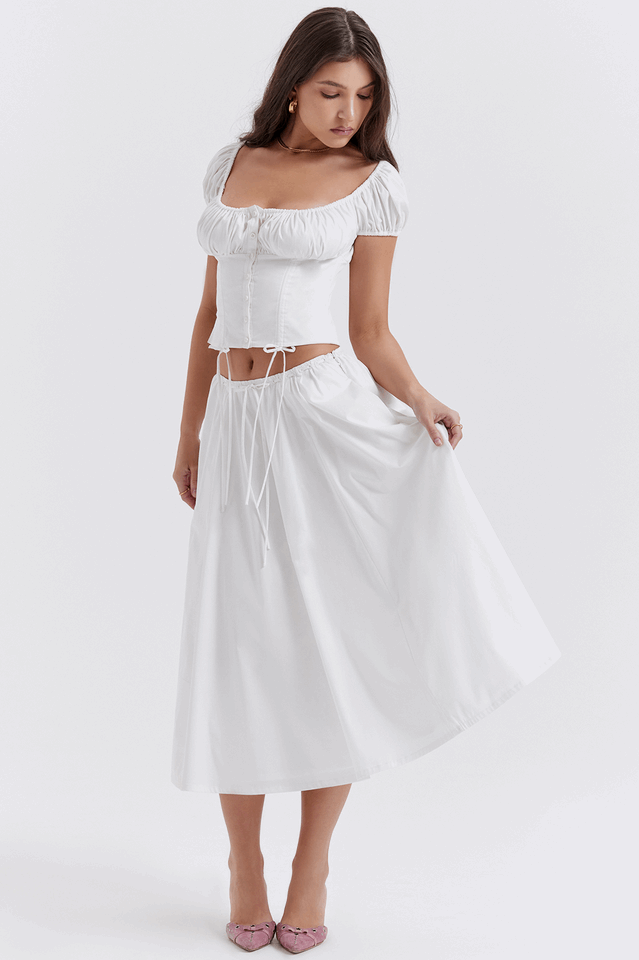 Cora White Gathered Top + Skirt Set