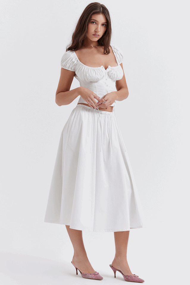 Cora White Gathered Top + Skirt Set